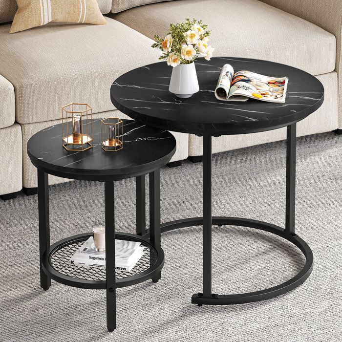YITAHOME - 2 Tables Basses Rondes Gigognes Avec étagère De Rangement - Design C Et Finition Brun Rustique - Pour Salon, Chambre, Bureau