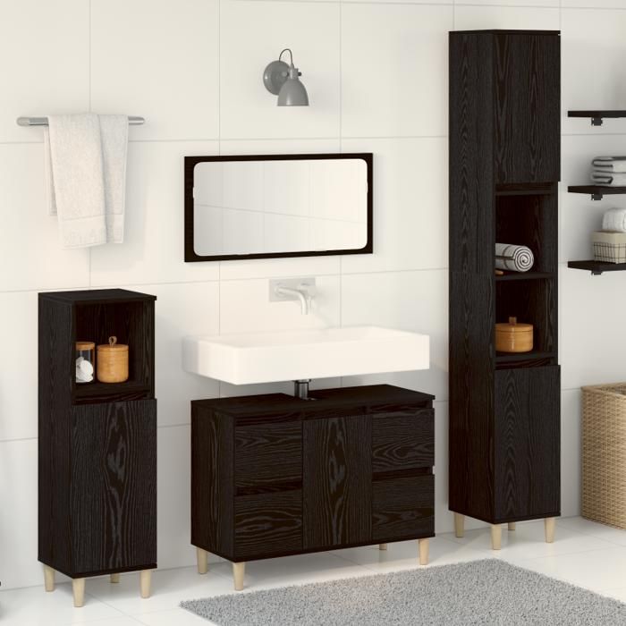 Ensemble de meubles de salle de bain 3 pièces Chêne noir Bois d ingénierie