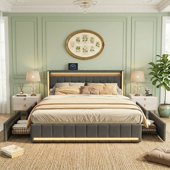 Structure de lit - SUNFECILI - 140x190 cm - 4 tiroirs - USB - LED - Gris foncé