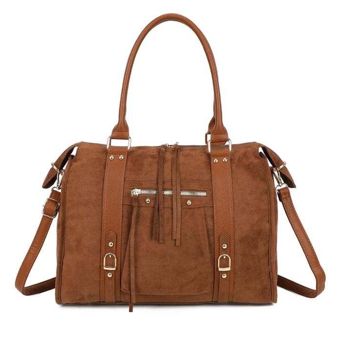 Grand sac bowling en bandoulière femme - Similicuir suédine finition métalique - Grand capacité format A4 bureau cours - Marron