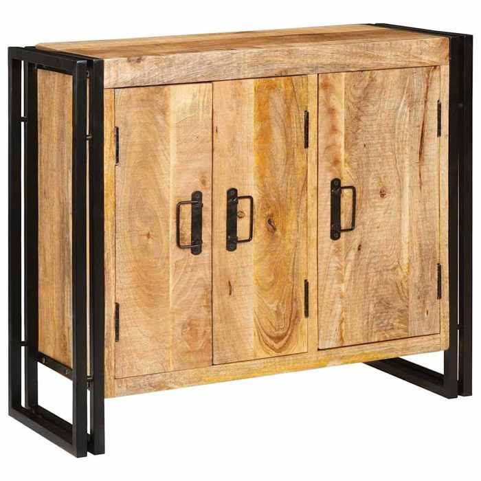Buffet en bois de manguier - GKO - 80x33x70 cm - Marron - Bois massif - 3 portes - Style industriel - Cadre en métal
