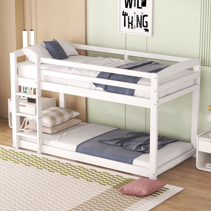 Lit superposé enfant - PDZZZD - 90x200cm - Bois massif - Blanc - Échelle et garde-corps