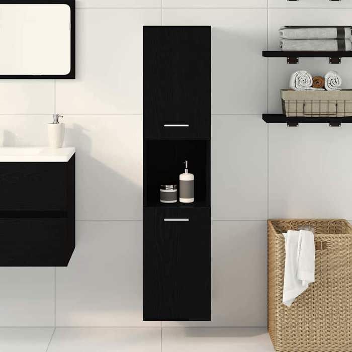Cabinet de salle de bain - WIENS - Chêne noir - 30x30x130 cm - 5 étagères - 2 portes - Bois dingénierie - Gain de place