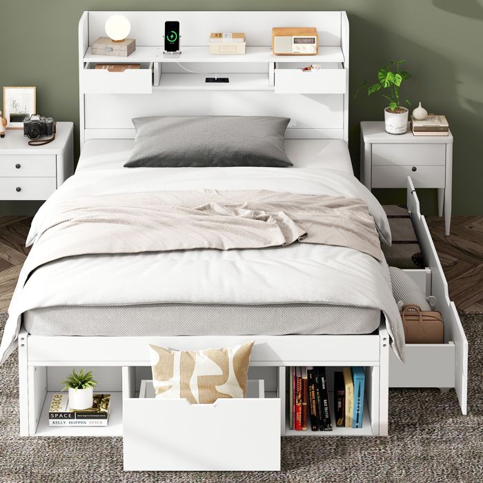 Lit simple 90*200cm Avec port USB & tiroirs & armoire de rangement Lit denfant Lit de jeune Lit multifonctionnel Grand espace