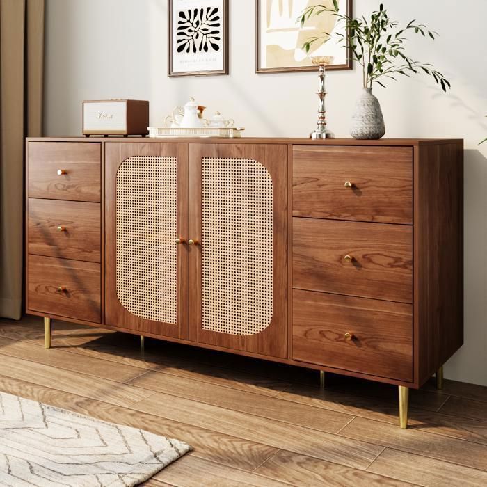 Buffet en osier meuble de rangement avec tiroirs buffet de salon marron double porte six tiroirs 160×40×90cm grande capacité.