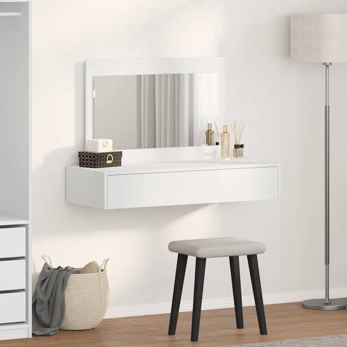 Coiffeuse blanche moderne - MEUBLECHIC - 100x40x70 cm - Bois dingénierie - Blanc - Finition mate - 1 tiroir