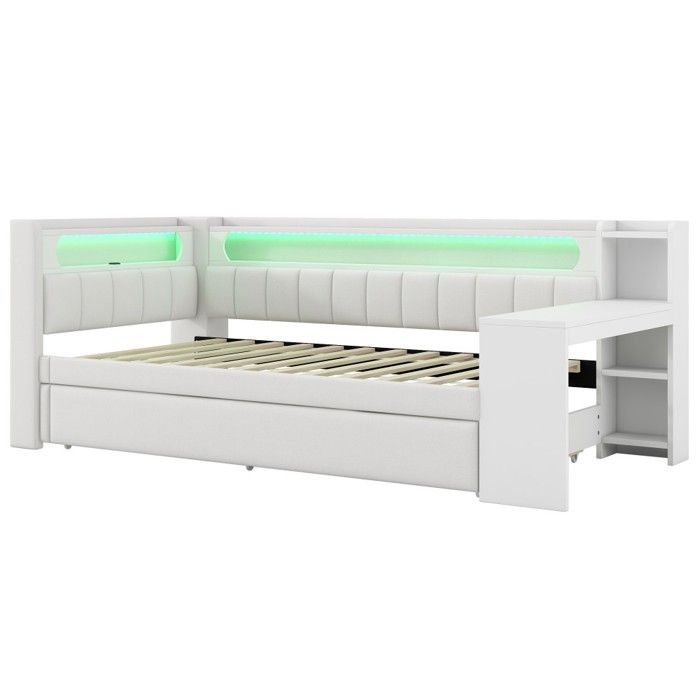 Banquette-lit gigogne 90x200 cm avec bureau - Coussins capitonnés ports USB et ceinture LED intégrés - Blanc Sans Matelas Banquette-lit gigogne 90x200 cm avec bureau - Coussins capitonnés ports USB et ceinture LED intégrés - Blanc Sans Matelas
