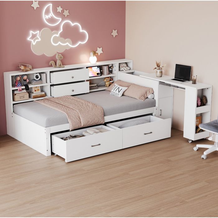 Lit banquette enfant en bois 90x200 cm avec rangement. lit simple/ado. 4 tiroirs. prises. bureau coulissant. blanc