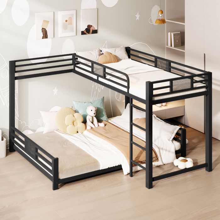 Lit Superposé 90×200/140×200cm Lit 2/3 Places avec Barrière Escalier 2 Sommiers Inclus-Noir
