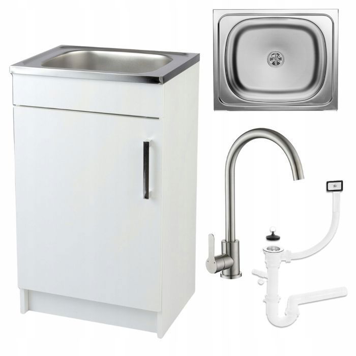 STAMAR Meuble sous Évier 50 cm Blanc + Évier Inox + Robinet Haute Chromé + Siphon LV + Kit - 50x40x82 cm