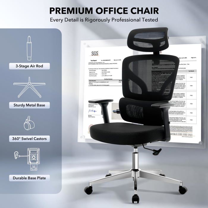 Chaise de bureau ergonomique - LUNSY - Dossier réglable - Soutien lombaire - Accoudoirs 3D - Appui-tête ajustable