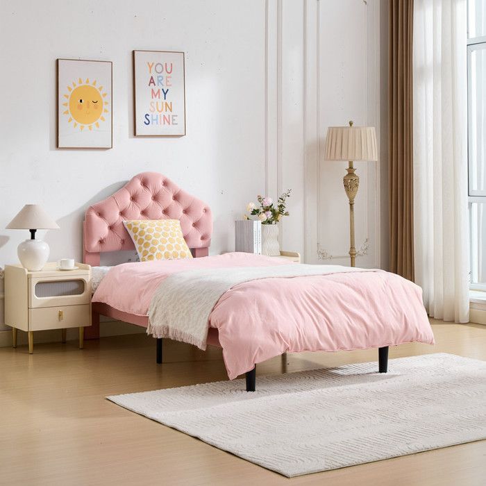 Lit simple 90 x 200 cm avec tête de lit réglable lit enfant en velours lit adulte Cadre de Lit Adulte rose
