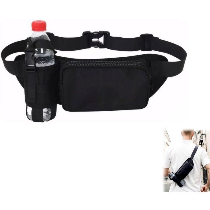 Sac Banane Sport Imperméable Avec Porte-Bouteille Oxford Léger Ceinture Réglable 60-120 cm Noir Running Randonnée Vélo