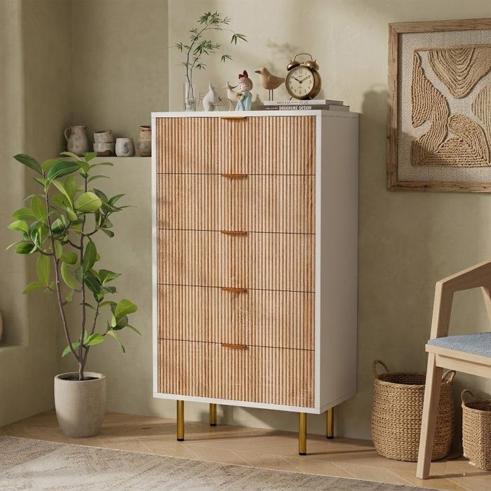 Commode en rotin à 5 tiroirs 60x34x110 cm commode pour chambre meuble de rangement buffet haut commode étroite pour salon