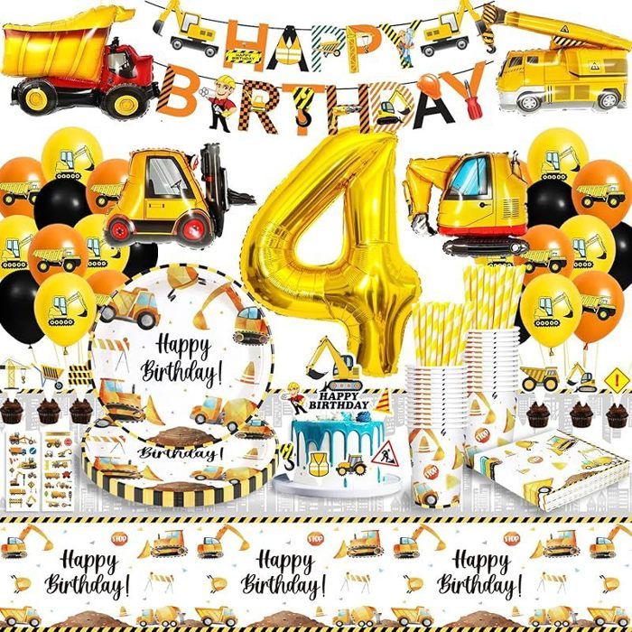 Décoration Anniversaire Chantier 4 Ans Kit Vaisselle pour Fête de Garçon Avec Bannière et Ballons - 16 Invités