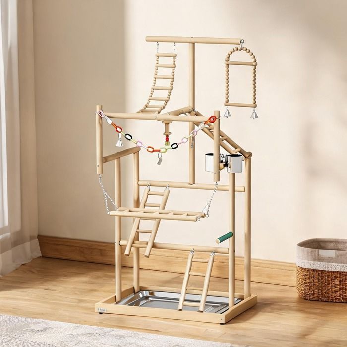 Perroquet sur pied multiniveau en acier inoxydable et bois naturel 4 plateaux aire de jeux pour oiseaux