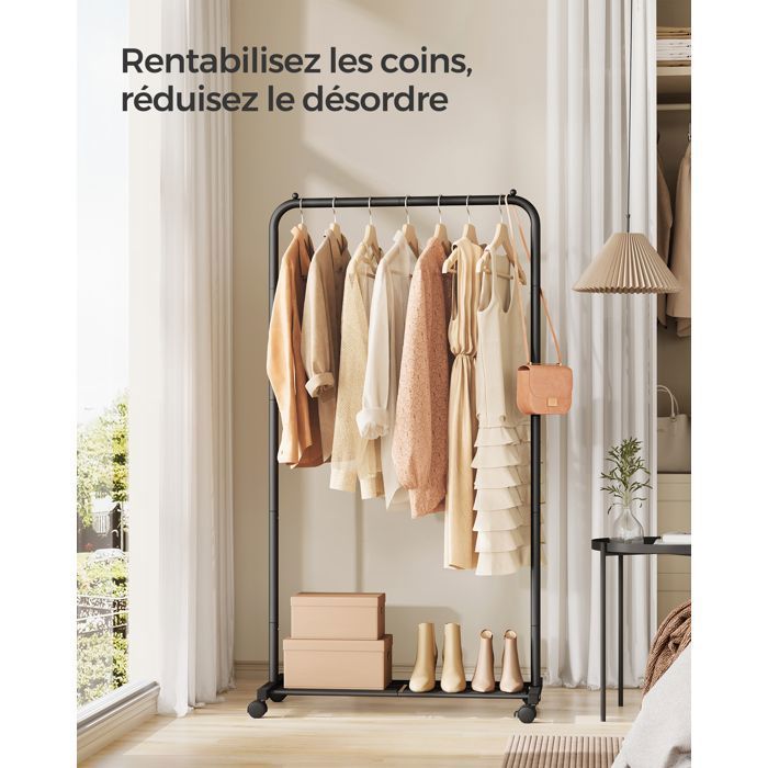 Portant à Vêtements Solide sur Roulettes Dressing Ouvert avec Étagère 74 x 406 x 1583 cm Noir