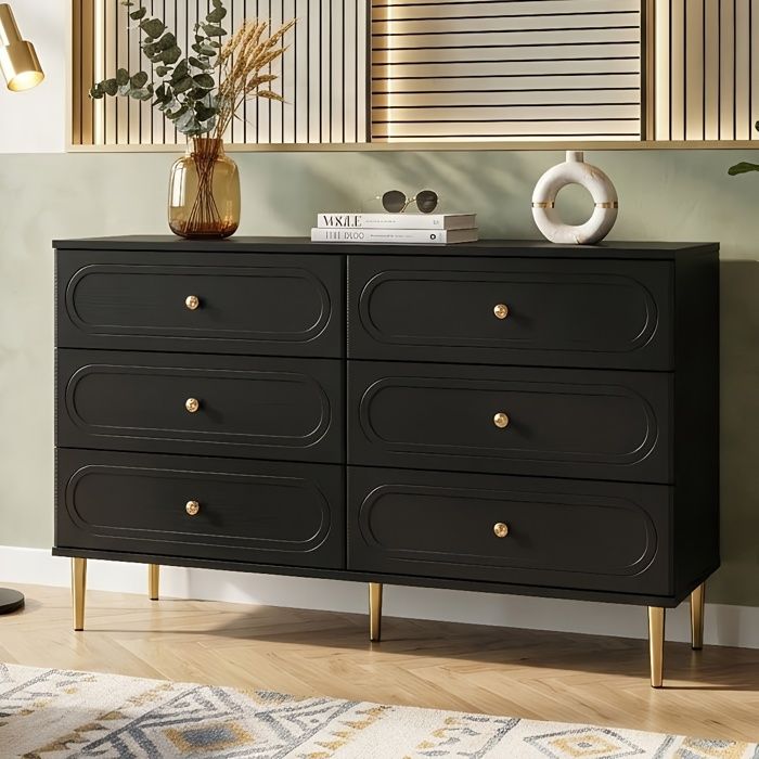 Commode Chiffonnier 120x40x75cm - 6 Tiroirs Ovales - Pieds Métal Surélevés - Rangement Grand Salon - Bois MDF et PB Noir