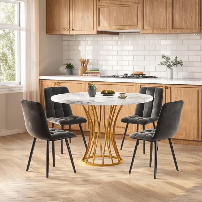 Ensemble table ronde blanche effet marbre et 4 chaises velours gris pieds métal doré design contemporain
