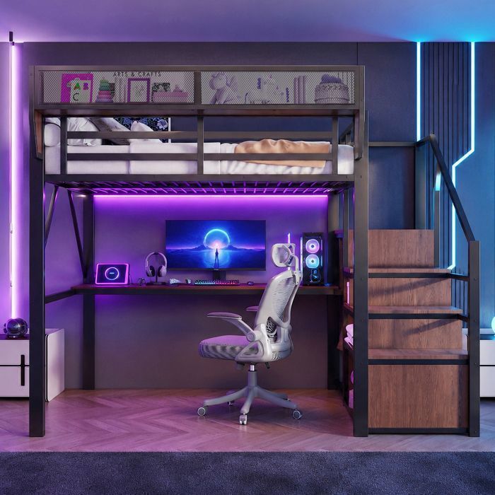 Lit mezzanine Gaming - Lit métal 1 Places 140x200 cm - avec LED et bureau intégré - étagères réglables et échelle - noir