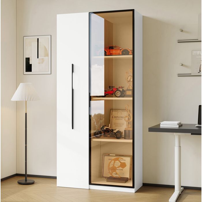 WOVREO vitrine multifonction 70x40x160 cm avec bibliothèque latérale coulissante LED verre trempé blanc