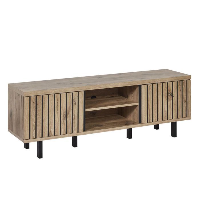 Meuble TV 2 portes 2 niches aspect bois Canyon décor tasseaux - BARTON Meuble TV 2 portes 2 niches aspect bois Canyon décor tasseaux - BARTON