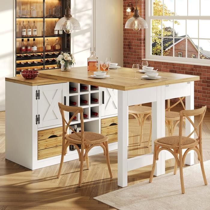 Table à manger extensible avec buffet 120-197x40x72 cmplateau pivotant 360°tiroirporte-bouteilles amoviblegain de placeblanc