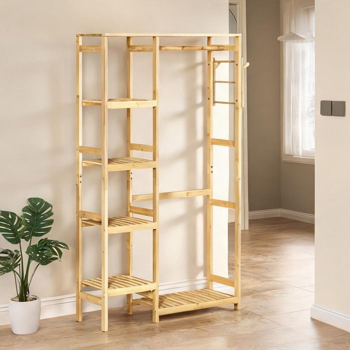 Portant en bambou naturel avec 4 étagères tringle et 2 patères – Rangement gain de place 90 x 30 x 155 cm