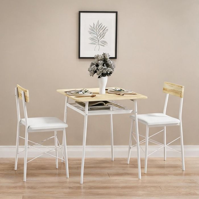 Ensemble table et chaises finition chêne et acier pour petit espace 3 pièces