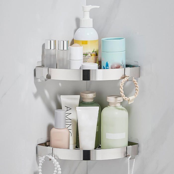Porte-shampoing dangle sans perçage - 2 étagères inox argent brossé avec 4 crochets - Charge 10 kg