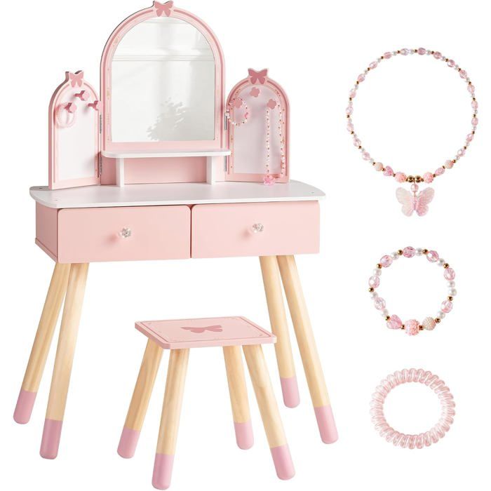 ROBUD Coiffeuse Enfant avec Miroir et Tabouret Table de Maquillage Fille avec Tiroirs et Accessoires dès 3 Ans Rose