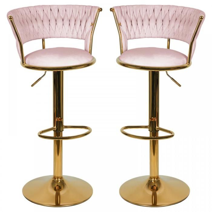 MIPAN.Lot De 2 Fauteuils De Bar Tressés En Velours De Style Moderne - Rose - Hauteur Réglable 55 À 73 CM