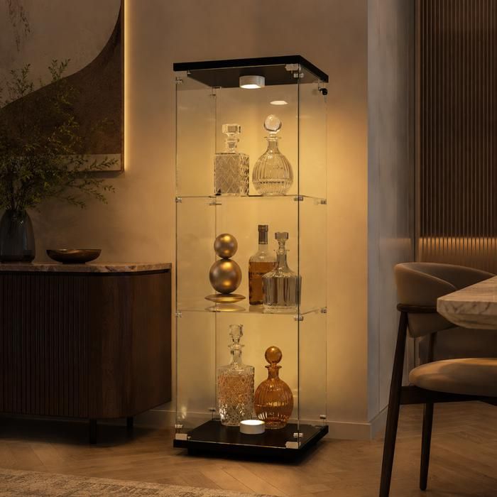 Vitrine en Verre avec éclairage LED et Serrure de Sécurité Vitrine Armoire 3 Étagères 1 Portes Verre Trempé Noir