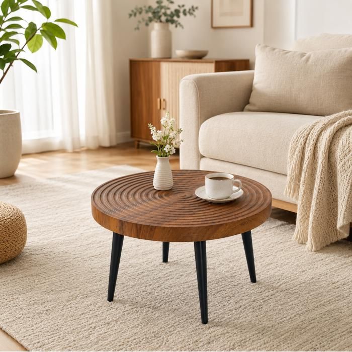 Table basse ronde AESVAR Ø 60 x 37 cm effet bois noyer structure métal noir style rétro
