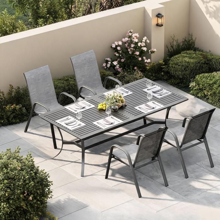 Lot de 4 chaises de jardin empilables - Métal/Textilène - Gris clair - 54 x 74 x 93 cm - Antirouille - Terrasse/balcon