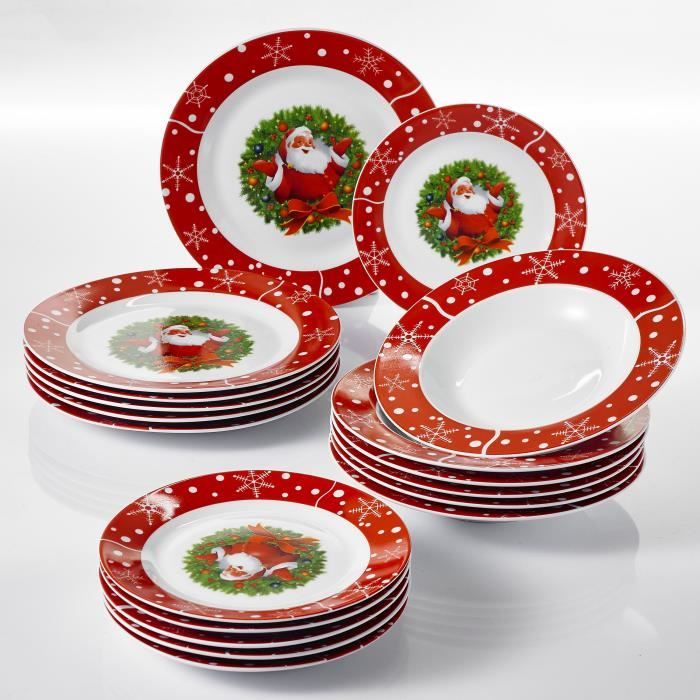 18pcs Assiettes Rond Rouge pour Fête Noël Service de Table 6 Assiette 