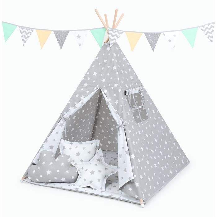 Meubletmoi Tipi Enfant Bicolore Gris Et Blanc Decoration Etoiles Tente De Jeux Chambre Garcon Et Fille Jolan Jeux D Imitation Commerce Industrie Et Science
