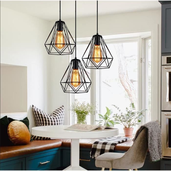 MOGOD Suspension Filaire Ajustable Industriel 3 Lampes Lustre Plafonnier Cage forme Diamant en Fer Noir