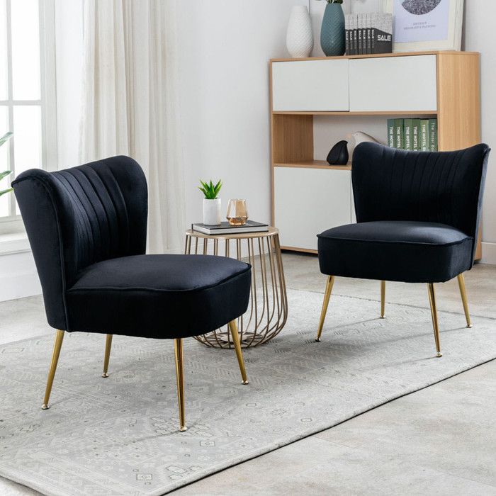 Wahson en Velours Lot de 2 Fauteuil de Salon Scandinave avec Pied Doré et Siège Épais Chaise Rembourrée pour Salon et Chambre Noir