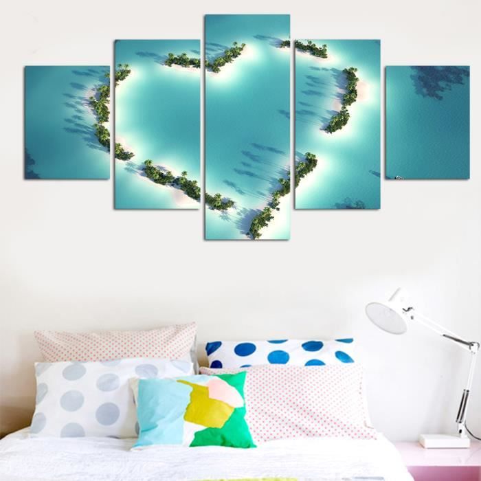 Pas de cadre Dans l'île en forme de coeur entre la mer du paysage vert 5  pièce décorations de peinture de toile d'art de mur de toil - Achat / Vente  objet