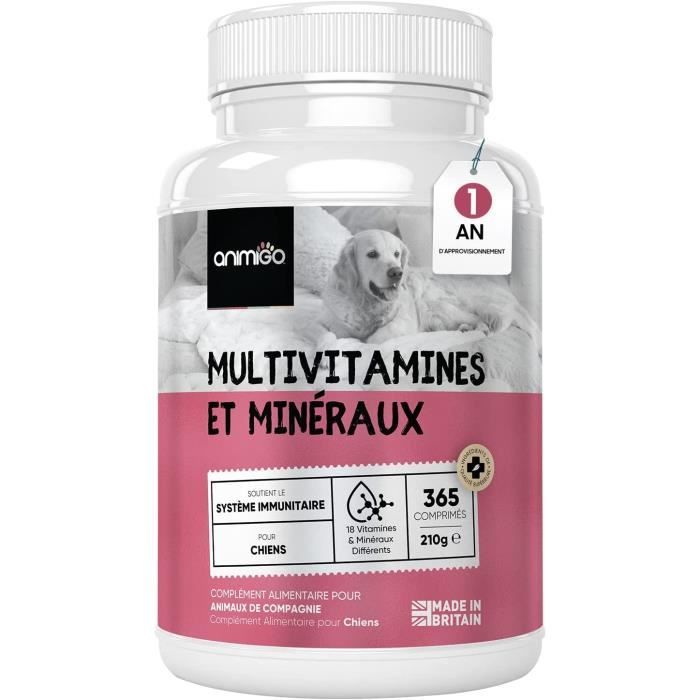 18 Multivitamines + Minéraux Chien 365 Comprimés - Vitamines, Fer, Calcium, Zinc, Magnésium - Soutien Immunitaire - Animigo