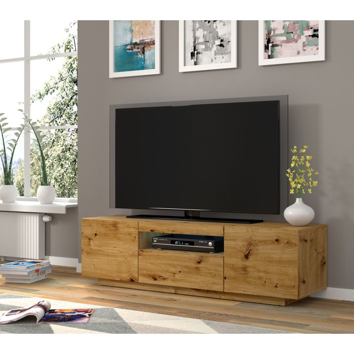 Meuble TV bas universel Aura 150 cm Buffet HI-FI à suspendre ou à poser chêne artisan sans LED Meuble TV bas universel Aura 150 cm Buffet HI-FI à suspendre ou à poser chêne artisan sans LED