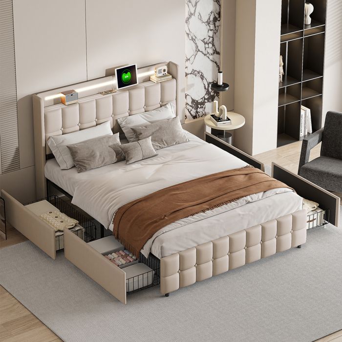 Lit adulte 160x200 cm avec sommier à lattes tête de lit avec LED et USB 4 tiroirs tissu en lin beige