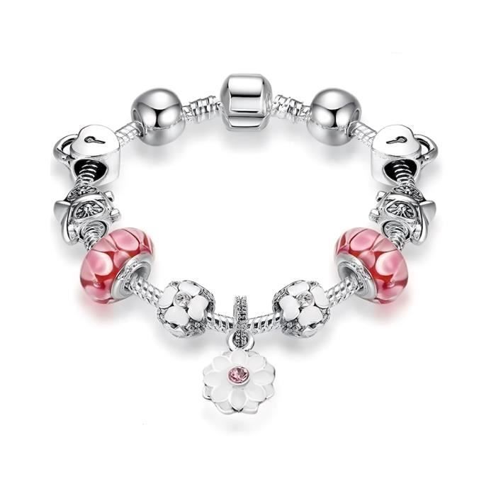 Bracelet - Femme - Maille Serpentine - Fleur - Cristal - Résine - Rose - Argent Fin Rhodié - 20 cm Bracelet - Femme - Maille Serpentine - Fleur - Cristal - Résine - Rose - Argent Fin Rhodié - 20 cm