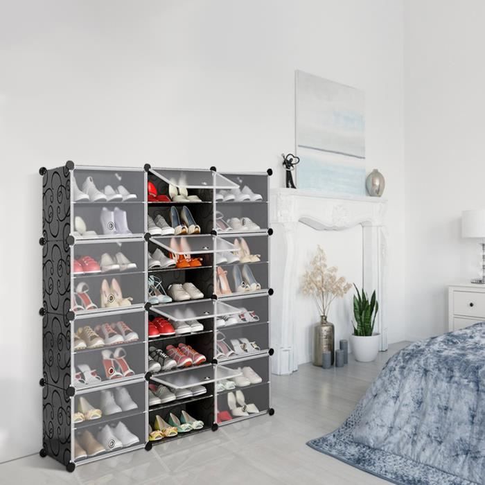 meuble à chaussures étanche en plastique pp diy - homewell - 12 compartiments - noir - 120 x 30 x 120 cm