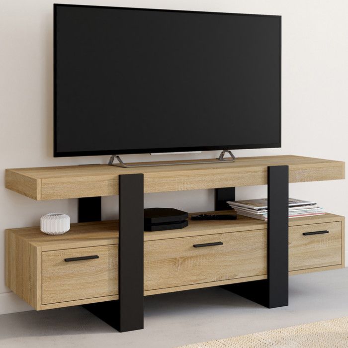 ID MARKET meuble tv PHOENIX 3 tiroirs 116 cm bois clair à poser