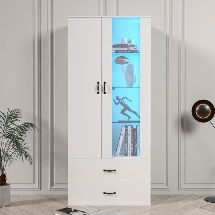 Vitrine LED Meuble de Rangement Moderne Blanche 180 cm avec 2 Portes 2 Tiroirs et Étagères en Verre pour Salon ou Salle à Manger Vitrine LED Meuble de Rangement Moderne Blanche 180 cm avec 2 Portes 2 Tiroirs et Étagères en Verre pour Salon ou Salle à Manger