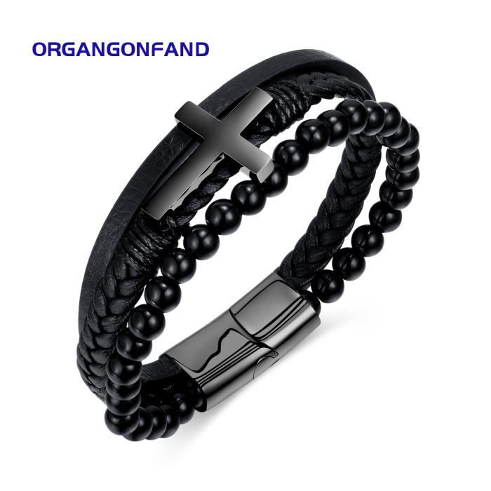 Bracelet homme - croix en acier titane - fermoir magnétique - bracelet en cuir tissé multicouche personnalisé - coffret cadeau