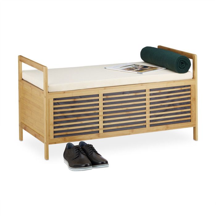 Banc Relaxdays pour lentrée avec rangement et coussin coffre en bambou HxLxP 50 x 93 x 48 cm naturel