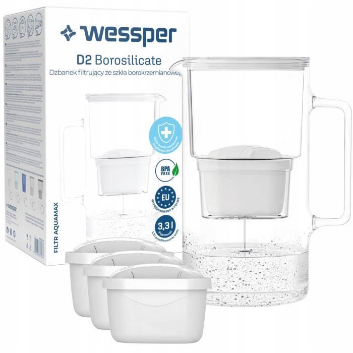 Wessper Crystalline Carafe en Verre blanche 2,5 L avec filtre Wessper AquaMax + 3x filtres AquaFloow Maxi